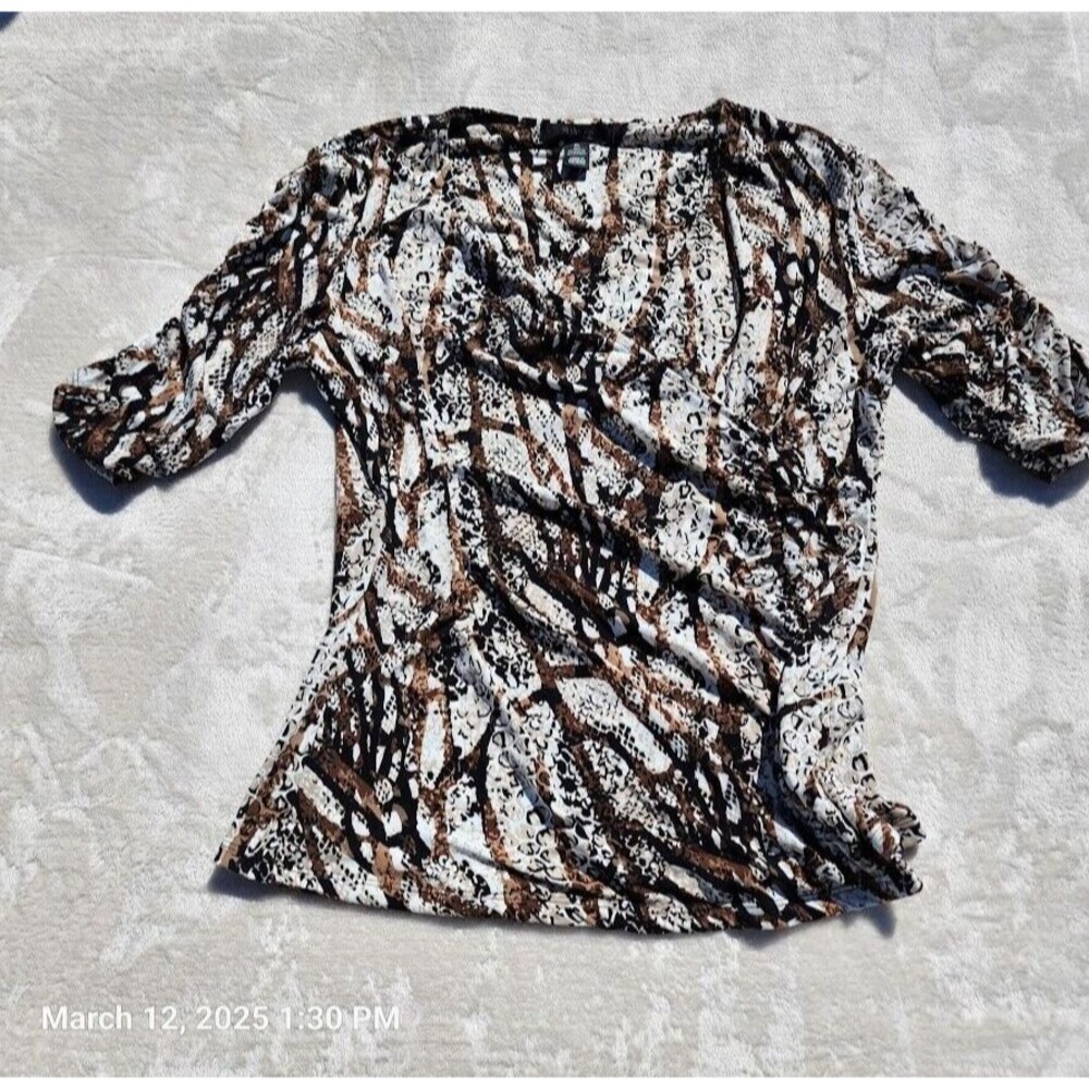 Style & Co. PL Brown Black Print Suplice Neckline Faux Wrap Elbow Sleeve Shirt